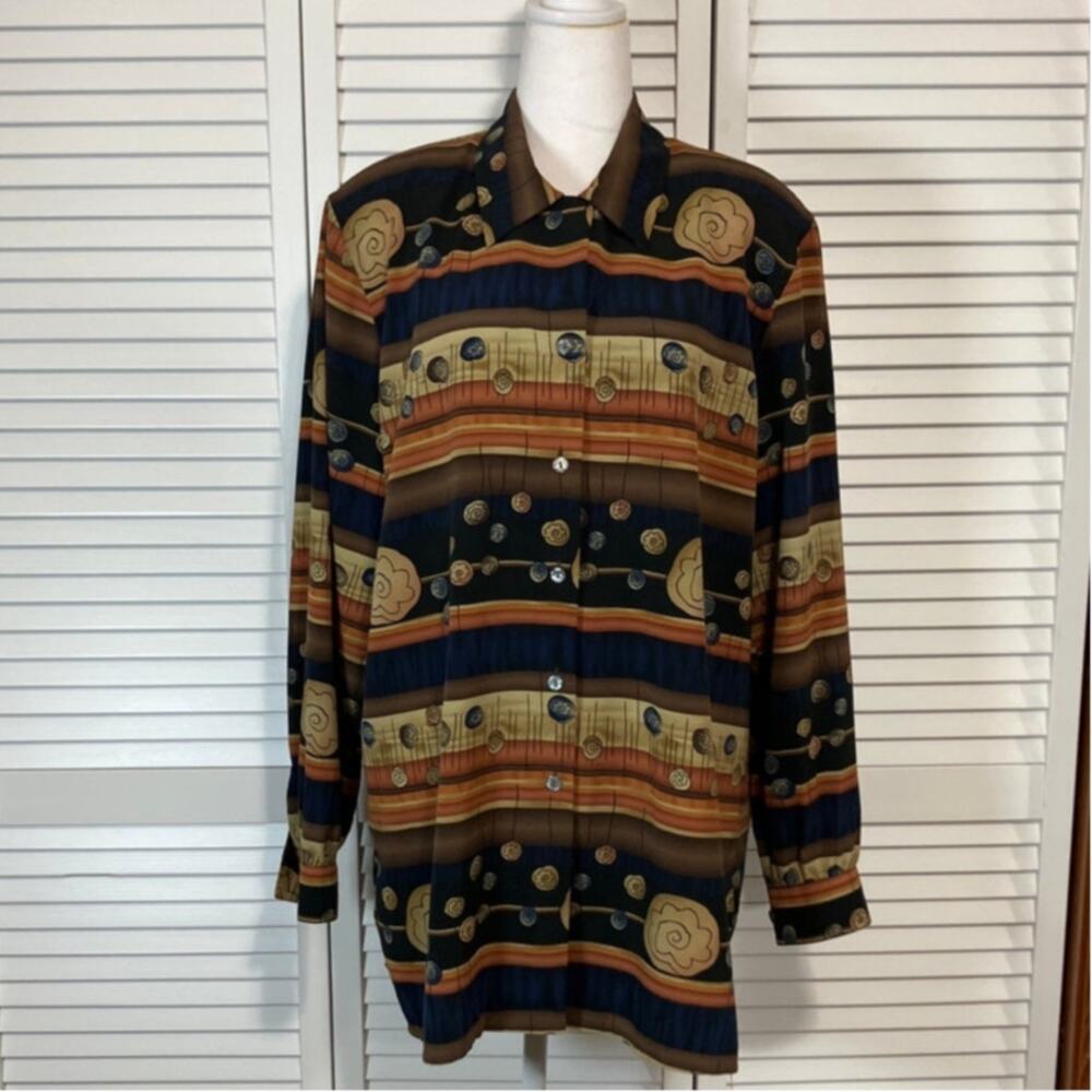 Vintage 90s Allison Daley Tunic Blouse 16 Geometric Abstract Pattern Button Up